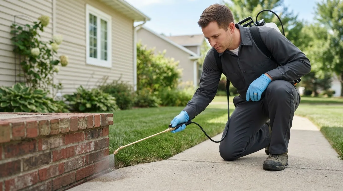 Pest control technician treating a home near Statham, GA