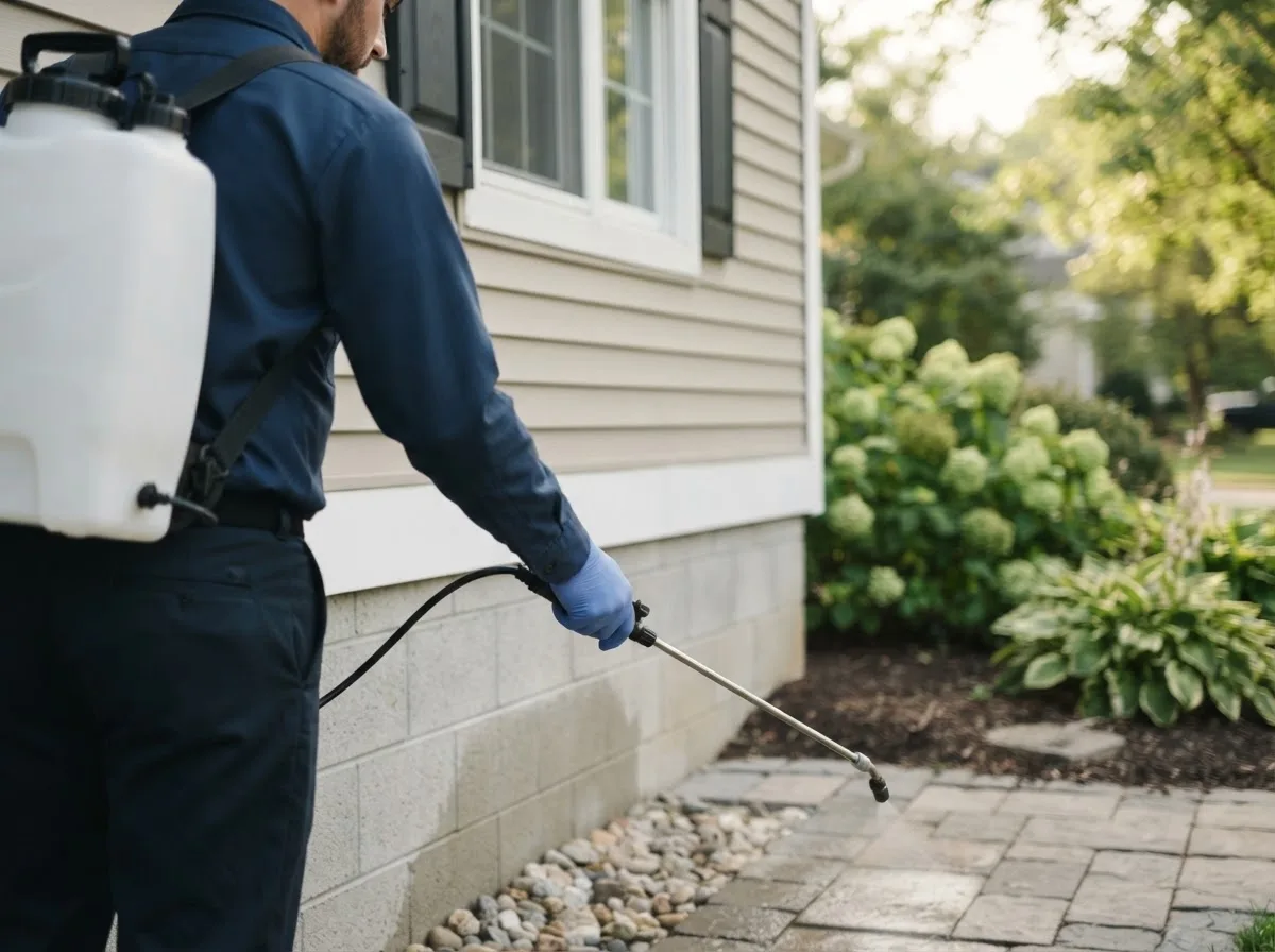 Pest control technician inspecting a home in Statham, GA